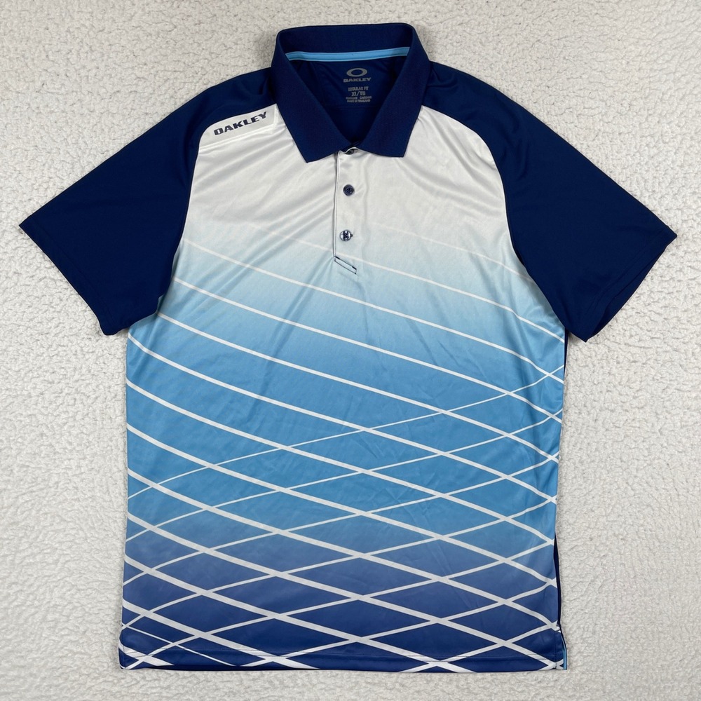 Oakley‎ Polo Shirt Mens XL Blue White Geometric Gradient Hydrolix Golf Top